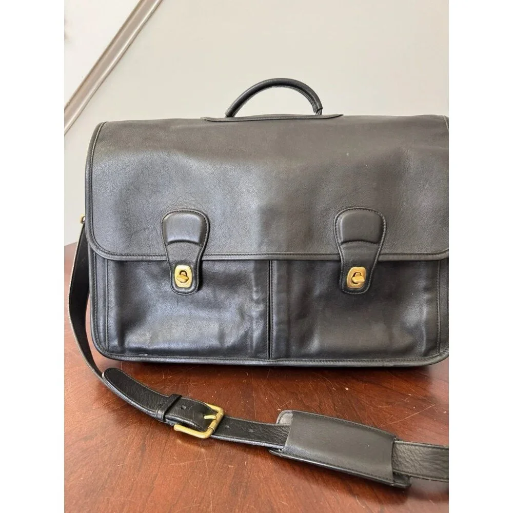 VTG COACH 0532 XL BLACK Leather Messenger Crossbody Bag BRIEFCASE Pockets Laptop